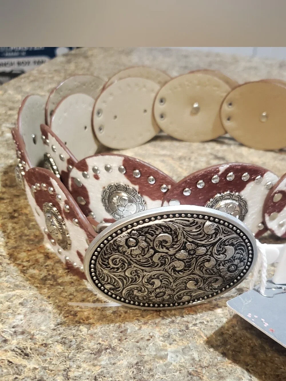 HAUTE HIPPIE NWT LARGE XLARGE. BROWN WHITE COW PRINT CONCHO BELT. WESTERN